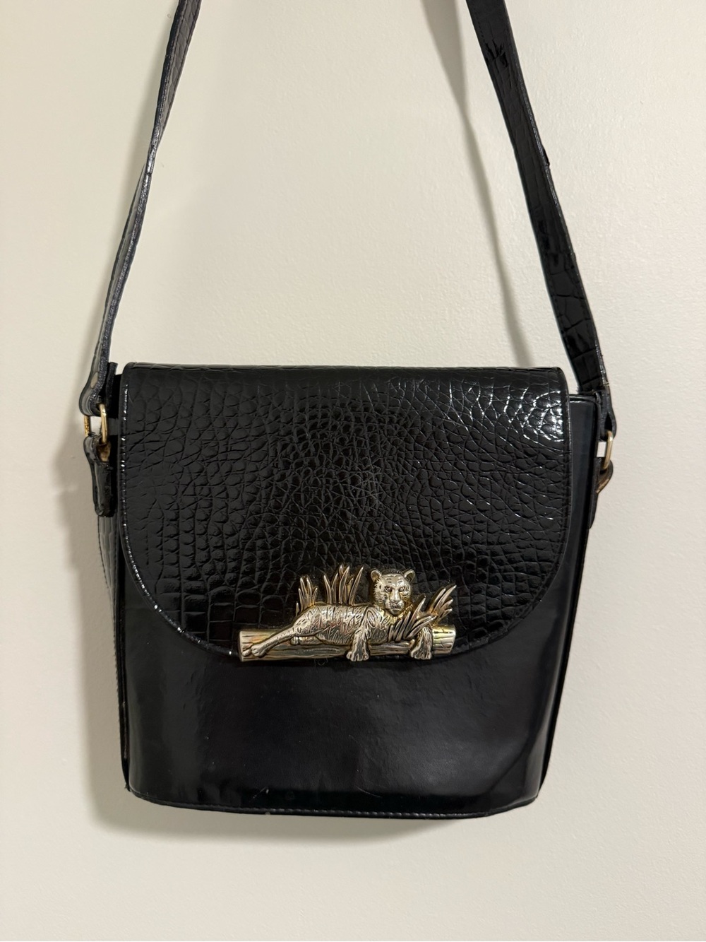 Black Croc-Texture Crossbody Bag with Gold Jaguar Accent